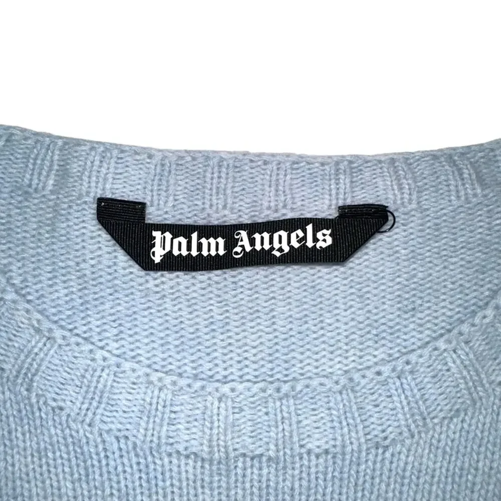 Palm Angels Curved Logo Wool Blend Light Blue Knit Sweater XL